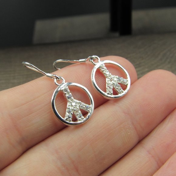 Sterling Silver Cubic Zirconia Peace Sign Earrings - Picture 2 of 6
